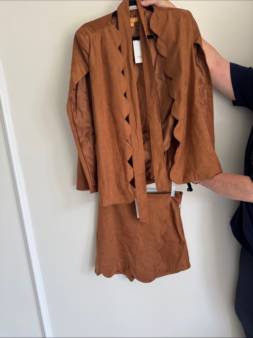 Flying Tomato Scalloped Suede Blazer & Skirt Set - Tan